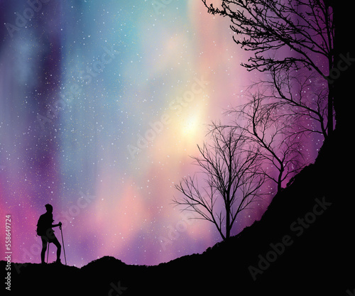 Beautiful colorful night sky with siluet hiking and tree background wallpaper