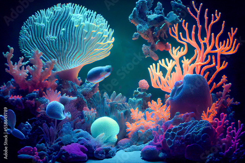 Fotografering Beautiful underwater world with corals and tropical fish, ai illustration