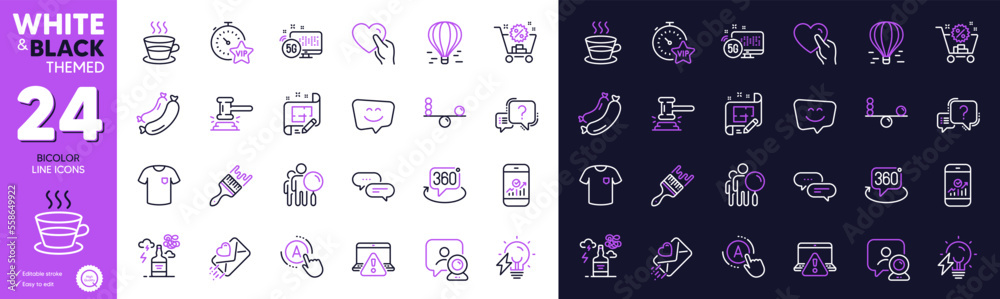 Air balloon, Shopping cart and Coffee cup line icons for website, printing. Collection of Balance, Architect plan, Dots message icons. Question mark, Vip timer, Judge hammer web elements. Vector
