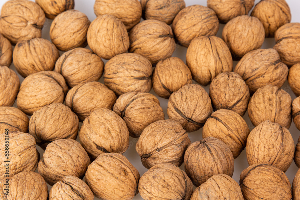 Walnut in shell isolated on white background. Energy boost for the day. The concept of proper nutrition. Tasty breakfast. Walnut in shell isolated on white background. Energy boost for the day. The concept of proper nutrition. Tasty breakfast.