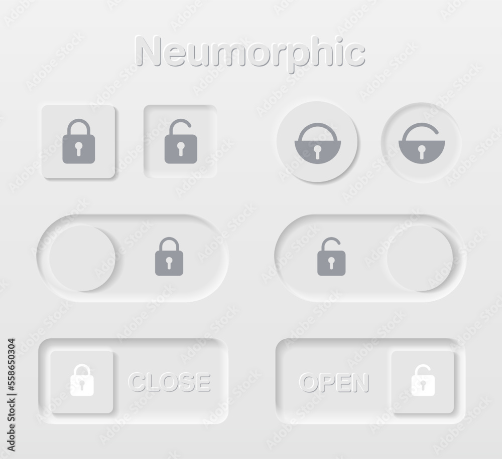 Neumorphic Button, lock and unlock button vector set. Continuous 3D realistic virtual style in white tone, player button set, technology and online streaming buttons, technology illustration. Neumorphic Button, lock and unlock button vector set. Continuous 3D realistic virtual style in white tone, player button set, technology and online streaming buttons, technology illustration.