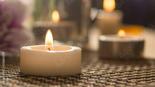 Spa decoration objects. Candles and blurred background photo