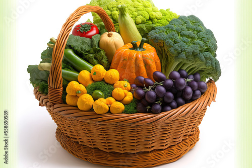 Vegetables and fruits of several organic varieties in a wicker basket  isolated on a white background. Generative AI
