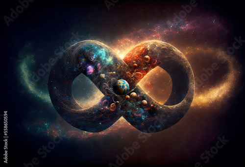 Omega of love, eternal cosmic eight circling into the universe, spirituality, esoteric, illustration, generated art
