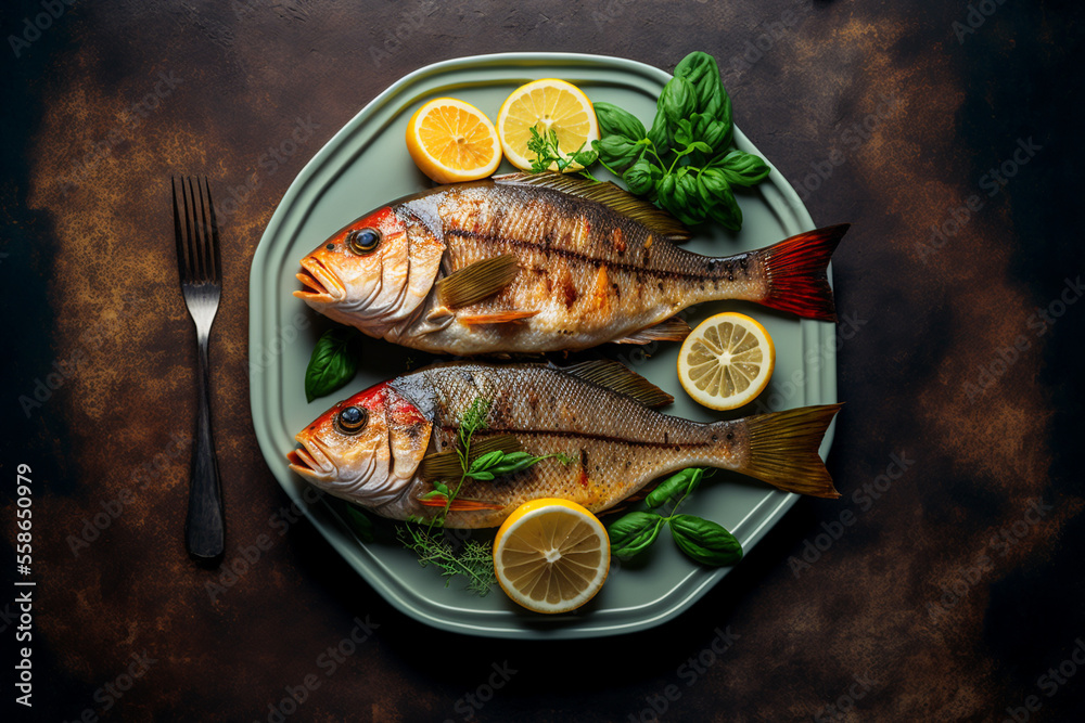 Two pieces of grilled fish on a plate, Generative AI Two pieces of grilled fish on a plate, Generative AI