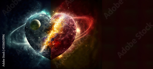 Cosmic heart  beating and shining through space and time, copy space, universal love, space for your text, spirituality and esoteric, illustration, generated ai photo