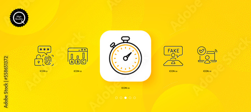 Fake review, Biometric security and Online access minimal line icons. Yellow abstract background. Survey results, Timer icons. For web, application, printing. Vector
