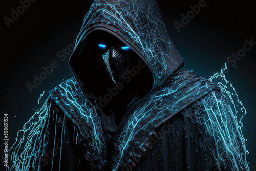 a dark cybermage cyberpunk sorcerer wearing a cloak and a hood, created using neural networks. Generative AI photo