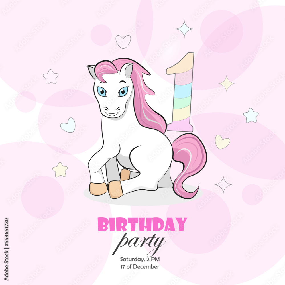 Invitation to a birthday party of 1 year old with a pony, cute hearts, flowers and translucent pink circles with the number 1. Vector illustration Invitation to a birthday party of 1 year old with a pony, cute hearts, flowers and translucent pink circles with the number 1. Vector illustration
