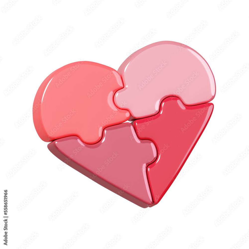 Cartoon jigsaw puzzle heart shape isolated. 14 February Happy Valentine's Day icon. 3D rendering Cartoon jigsaw puzzle heart shape isolated. 14 February Happy Valentine's Day icon. 3D rendering