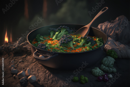 A pan filled with broccoli, carrots and noodles, Generative AI