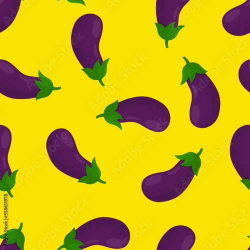 Seamless pattern with eggplant on a yellow background. Pattern for kitchen textiles with vegetables