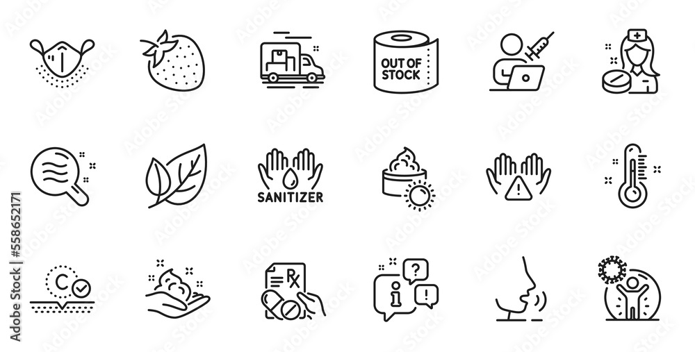 Outline set of Coronavirus protection, Medical mask and Prescription drugs line icons for web application. Talk, information, delivery truck outline icon. Vector