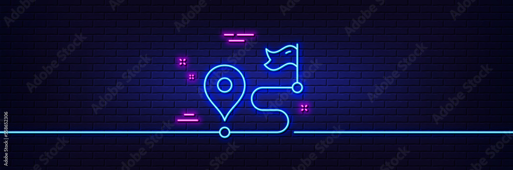 Neon light glow effect. Journey line icon. Road path sign. Route map distance symbol. 3d line neon glow icon. Brick wall banner. Journey outline. Vector Neon light glow effect. Journey line icon. Road path sign. Route map distance symbol. 3d line neon glow icon. Brick wall banner. Journey outline. Vector