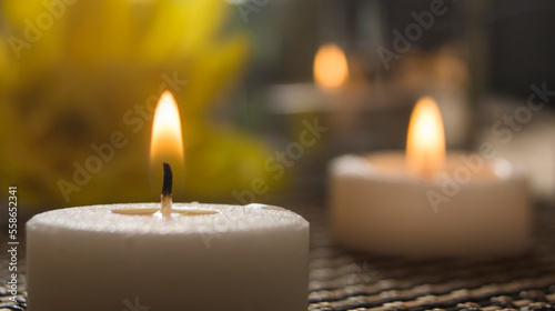 Spa decoration objects. Candles and blurred background