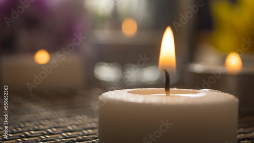 Spa decoration objects. Candles and blurred background photo