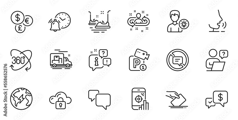 Outline set of Full rotation, Money currency and Seo phone line icons for web application. Talk, information, delivery truck outline icon. Include Voting ballot, Person idea, Alarm clock icons. Vector