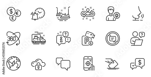 Outline set of Full rotation, Money currency and Seo phone line icons for web application. Talk, information, delivery truck outline icon. Include Voting ballot, Person idea, Alarm clock icons. Vector