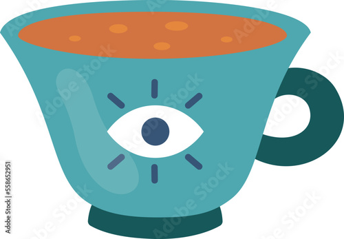 Cup with coffee or tea. Cartoon illustration of a vintage mug with magic eye. Vector design isolated on white background.