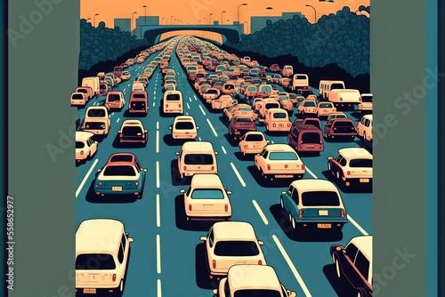 a poster of a highway filled with lots of traffic at sunset or sunset, with the sun setting in the distance, and the city skyline in the distance, and the foreground is an orange.