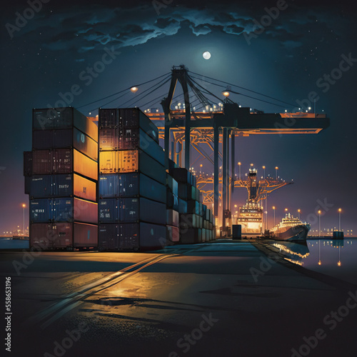 Fotomurale containers in harbor with cranes and cargo ship