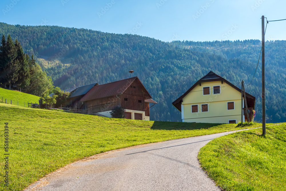 Rural houses by country road in Austrian Alps, village of Amberg,  Carinthia, Austria.