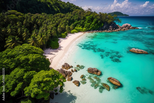 Small, isolated beach in the Anse Lazio beach area in Praslin, Seychelles. Generative AI photo