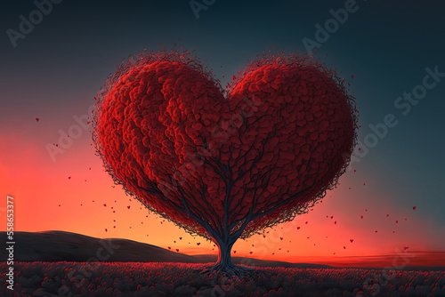 red lonely tree with heart shape. valentine and love concept. generative ai