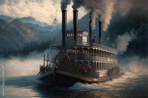 old steamboat with smoke in river. generative ai photo