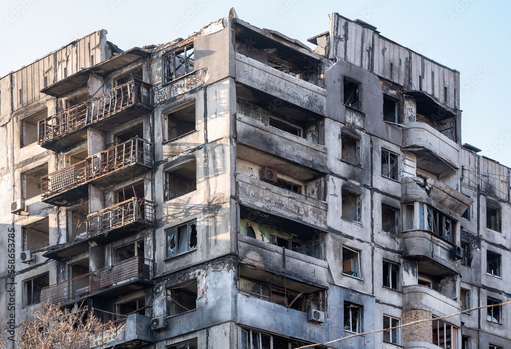 destroyed and burned houses in the city Russia Ukraine war