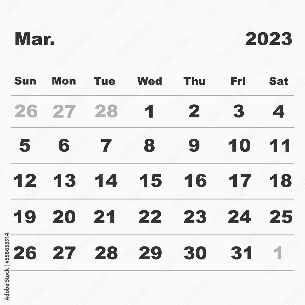Vector illustration calendar for March 2023. In a minimalist style. Week starts on Sunday Vector illustration calendar for March 2023. In a minimalist style. Week starts on Sunday