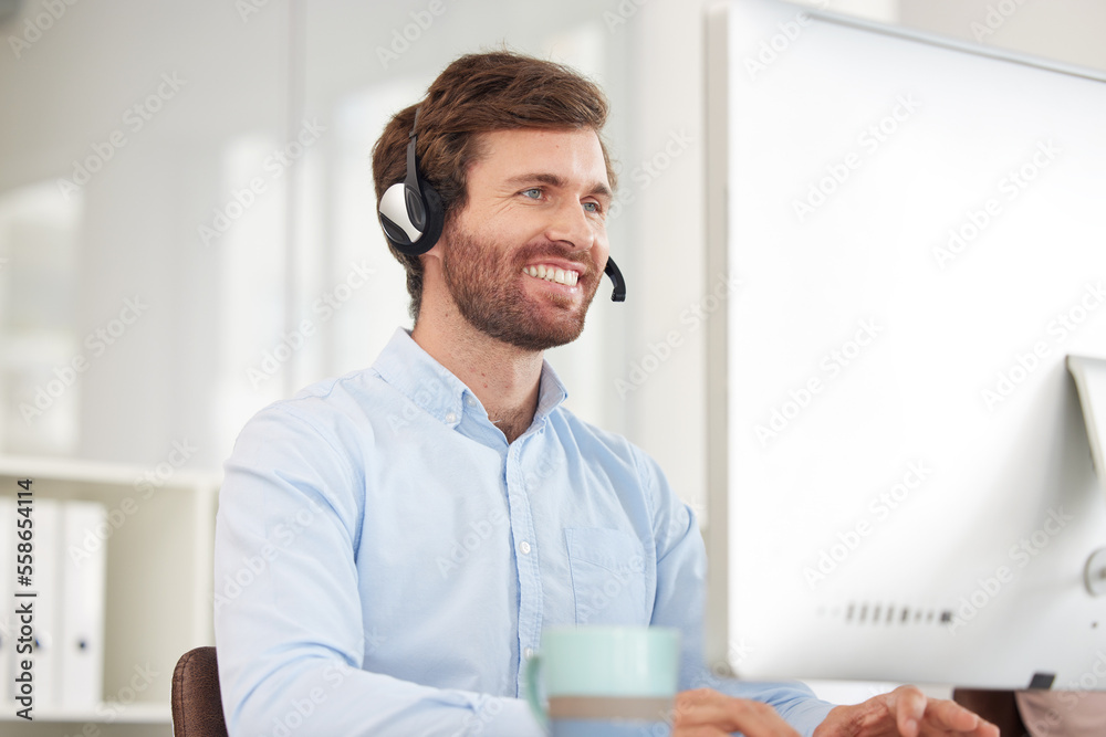 Call center, computer and businessman with smile for virtual support, communication and software help in information technology office. Happy corporate worker with technology for telemarketing sales