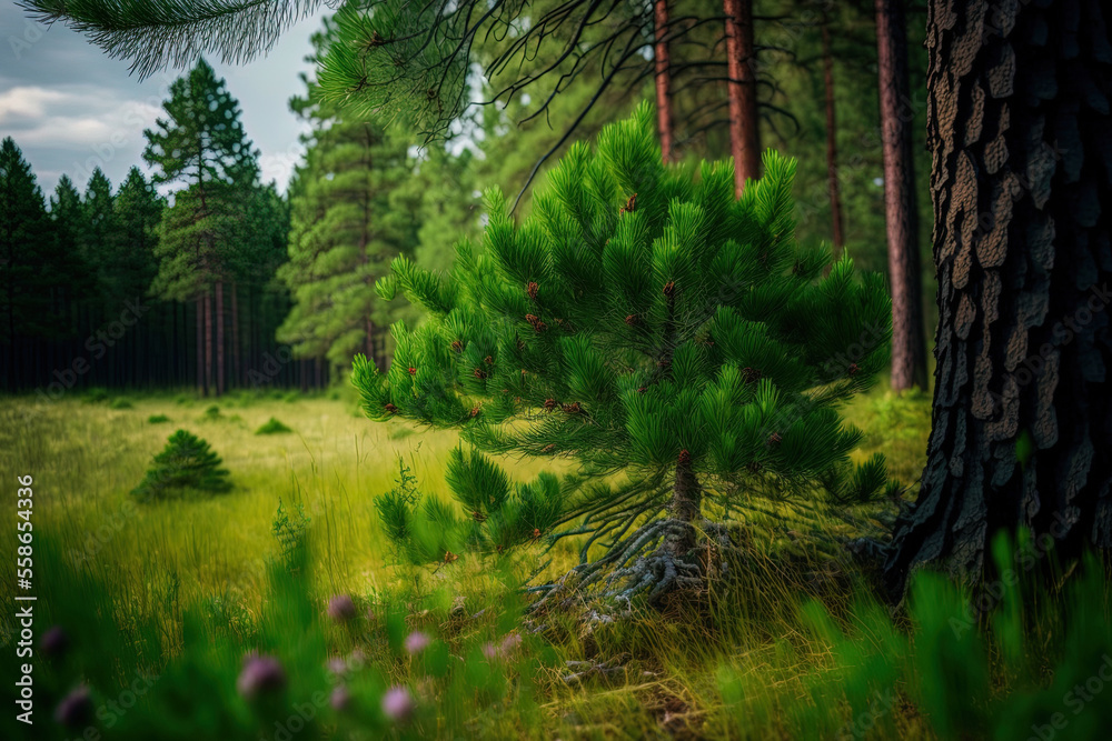 Fototapeta premium a lush grass next to a pine forest. Generative AI