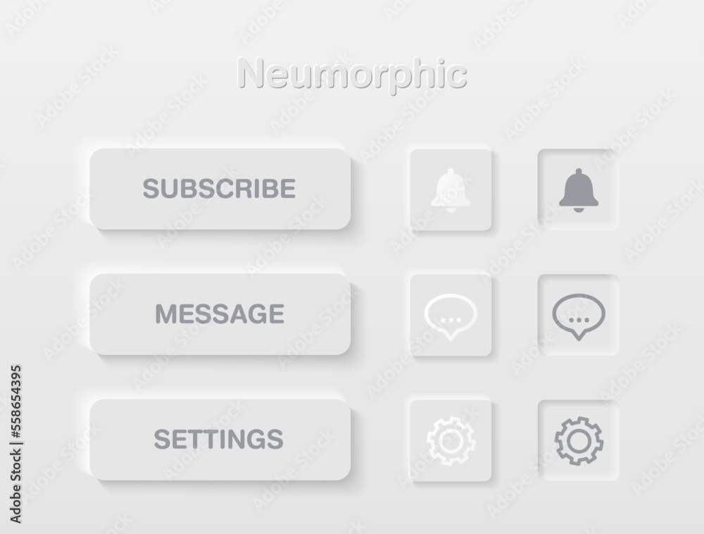 Neumorphic Button, warn and message and settings button vector set. Continuous 3D realistic virtual style in white tone, player button set, technology and online streaming buttons. Neumorphic Button, warn and message and settings button vector set. Continuous 3D realistic virtual style in white tone, player button set, technology and online streaming buttons.