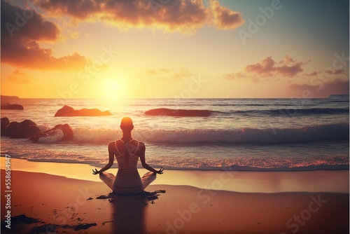 woman practicing yoga near the sea at sunset. Harmony, meditation, healthy lifestyle, relaxation concept, ai generated