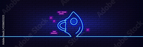 Neon light glow effect. Medical mask N95 line icon. Safety breathing respiratory mask sign. Coronavirus face protection symbol. 3d line neon glow icon. Brick wall banner. Medical mask outline. Vector