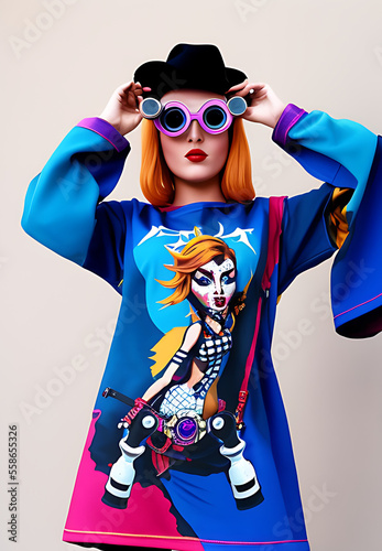 Chica con disfraz con gafas y camiseta llamativas de arte pop, en sesión fotográfica - AI Generated Art  photo