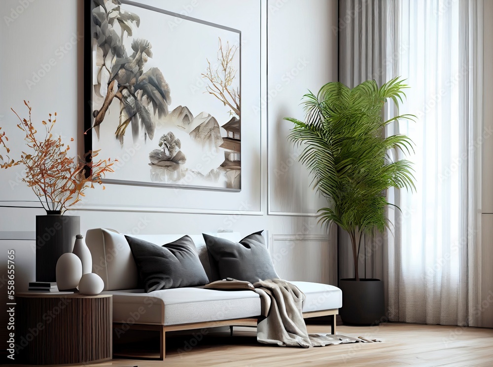 Fototapeta premium A frame mockup in a Feng Shui living room