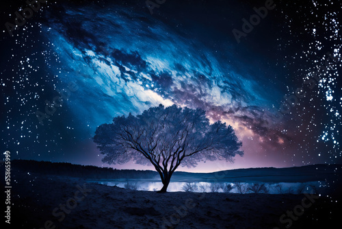 Starry sky with blue Milky Way. Night landscape with tree against colorful milky way. Amazing galaxy. Nature background with beautiful universe. Digital artwork 
