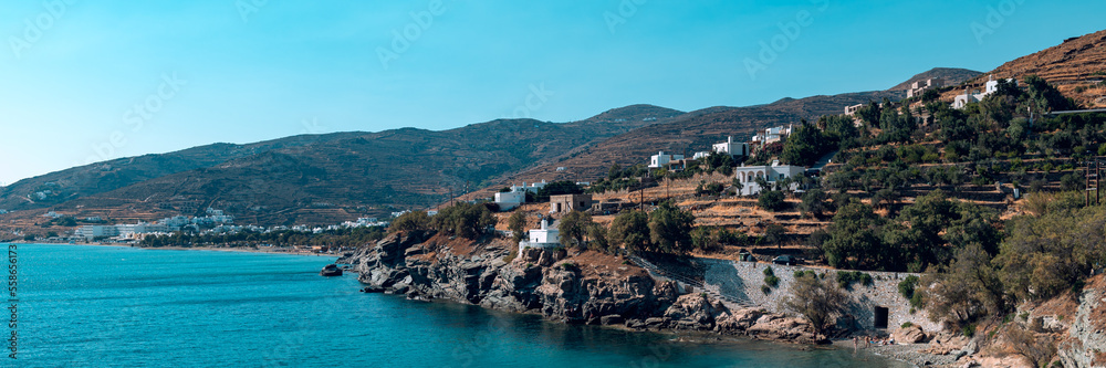 Kionia Beach swimming, the place to embrace the Aegean Sea, Tinos, Greece, banner size