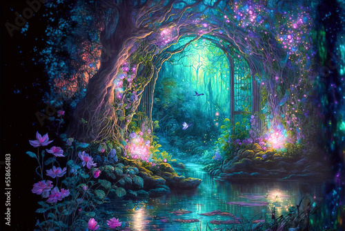 Fantasy and fairytale magical forest with purple and cyan light lighting pathway. Digital painting landscape.	
 photo