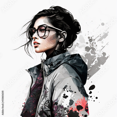 Beautiful young woman in sunglasses and jacket  portrait. Abstract fashion watercolor illustration. Fashion model. Sketch. Fashion woman. Generative AI