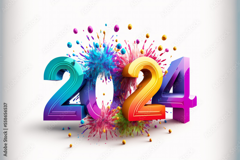 Brightly colored number 2024 reflecting the new year on white background.  Artwork created with generative ai Stock Illustration | Adobe Stock