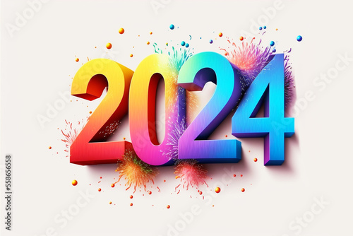 Brightly colored number 2024 reflecting the new year on white background. Artwork created with generative ai