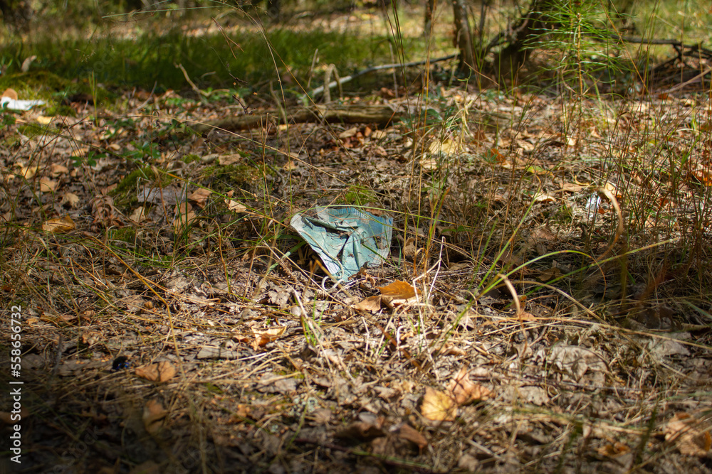 Obraz premium A medical face mask lies discarded in the forest on the ground. Pollution of the environment with masks during a pandemic. An old protective face mask is lying around in the forest.