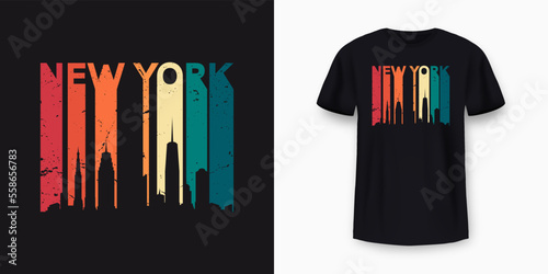 New York City skyline t-shirt design. Vintage t-shirt print and apparel design with stylish text. New York skyline silhouette for retro tee print design. Vector