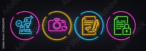 Approved agreement, Photo camera and Microscope minimal line icons. Neon laser 3d lights. Lock icons. For web, application, printing. Signature document, Love photos, Laboratory science. Vector