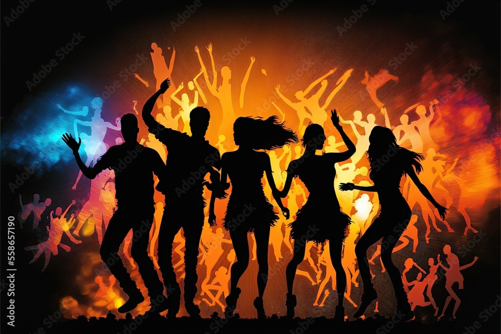 Silhouette of Young happy people are dancing in club. Nightlife, ai generated