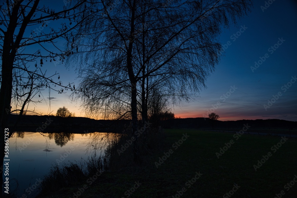 Fototapeta premium Wonderful blue golden red sky after sunset with trees in foreground at a lake with its reflections 