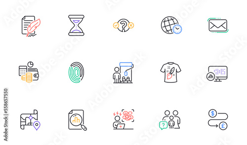 Difficult stress, Map and Feather signature line icons for website, printing. Collection of Money transfer, Budget accounting, T-shirt design icons. Analytics graph, Time zone. Vector